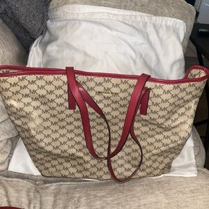 Michael Kors Tan and Red Shoulder Bag with Monogram Pattern